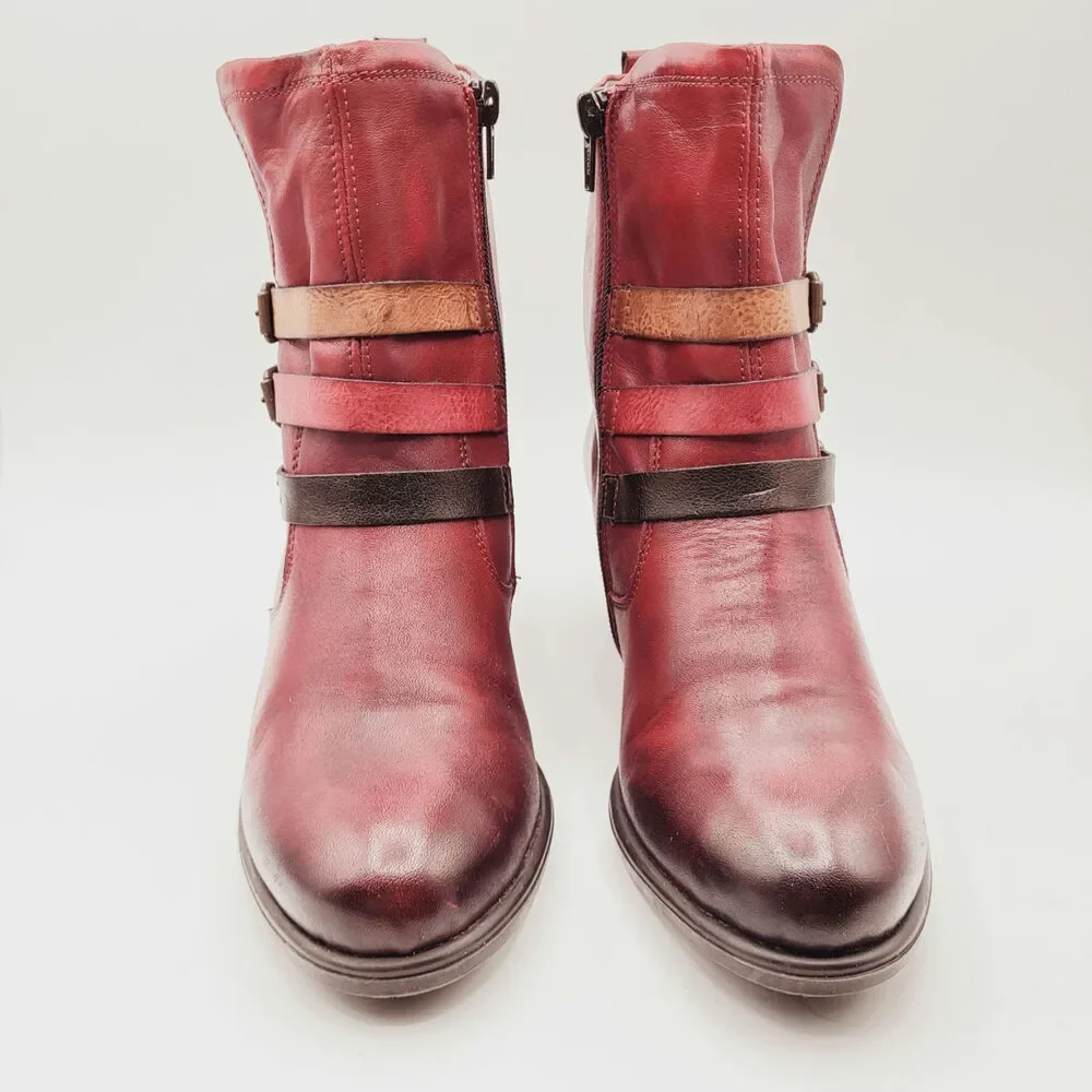 Remonte Red Leather Burnished Toe Tri-Colored Straps 2" Heel Artistic Boot Sz 37 - Picture 3 of 14